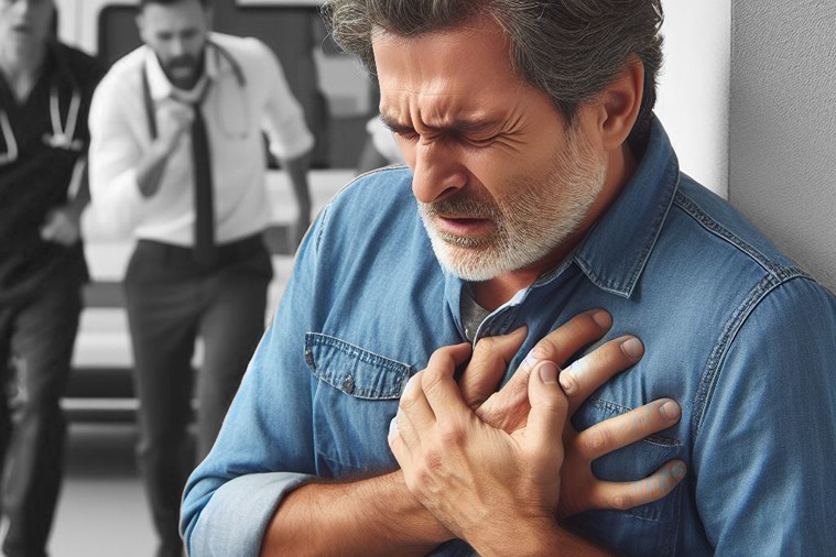 man feeling chest pain